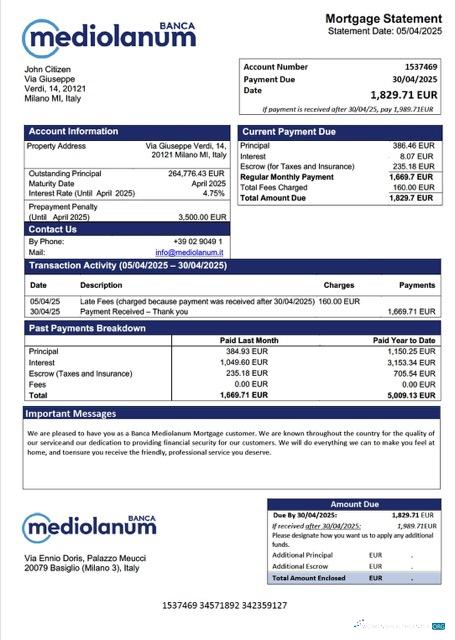 Download Italy Banca Mediolanum mortgage statement Word and PDF template Photoshop template